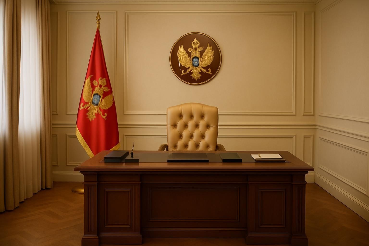 Kantoorinterieur van het presidentiële kabinet met een Montenegrijnse vlag