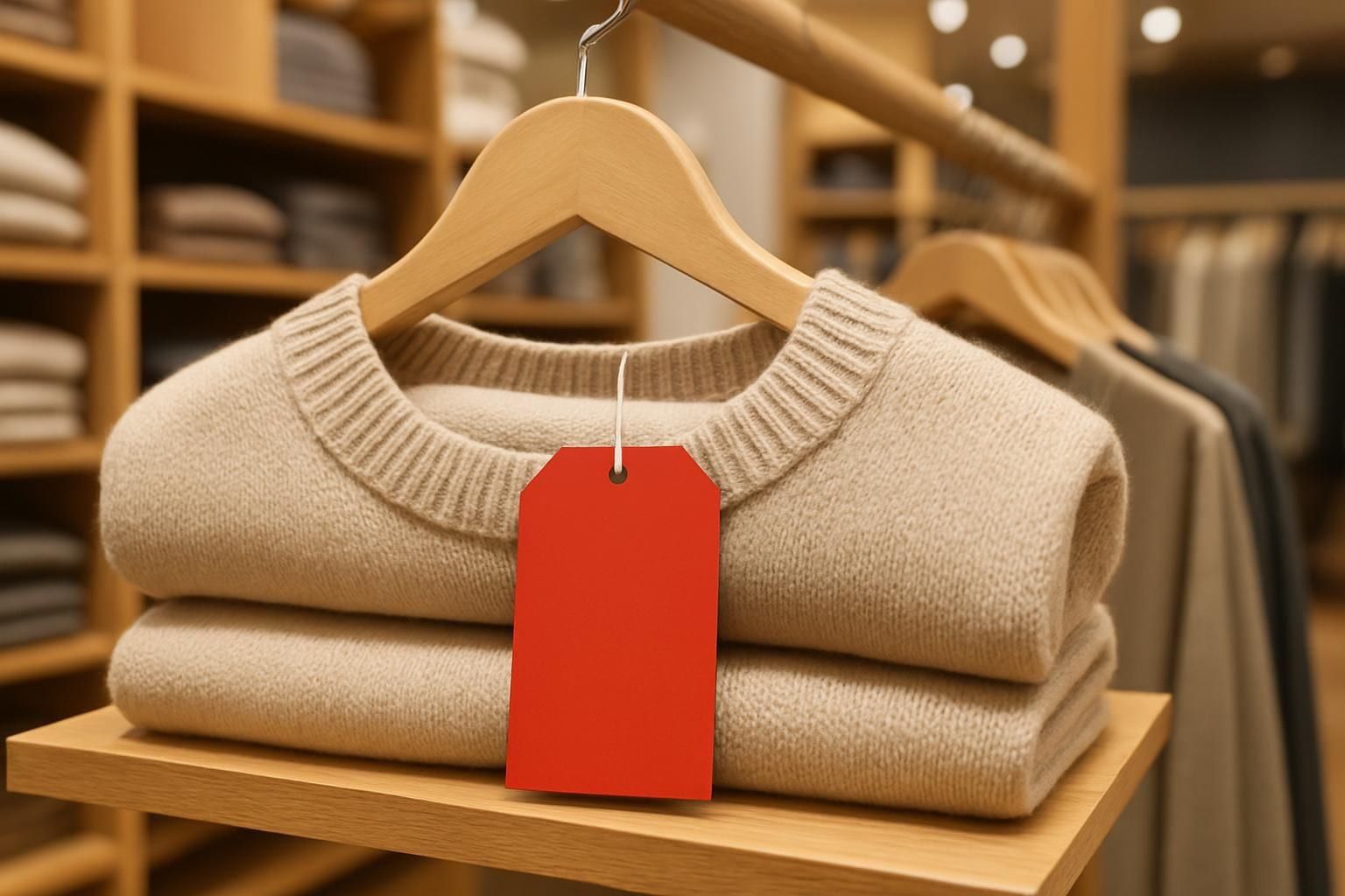 Een leeg rood prijskaartje aan een trui op een kledinghanger in een winkel