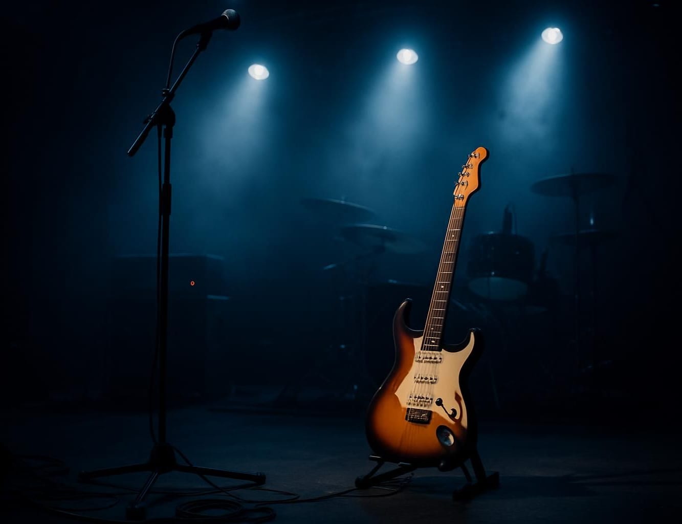 Een elektrische gitaar op een verlaten concertpodium