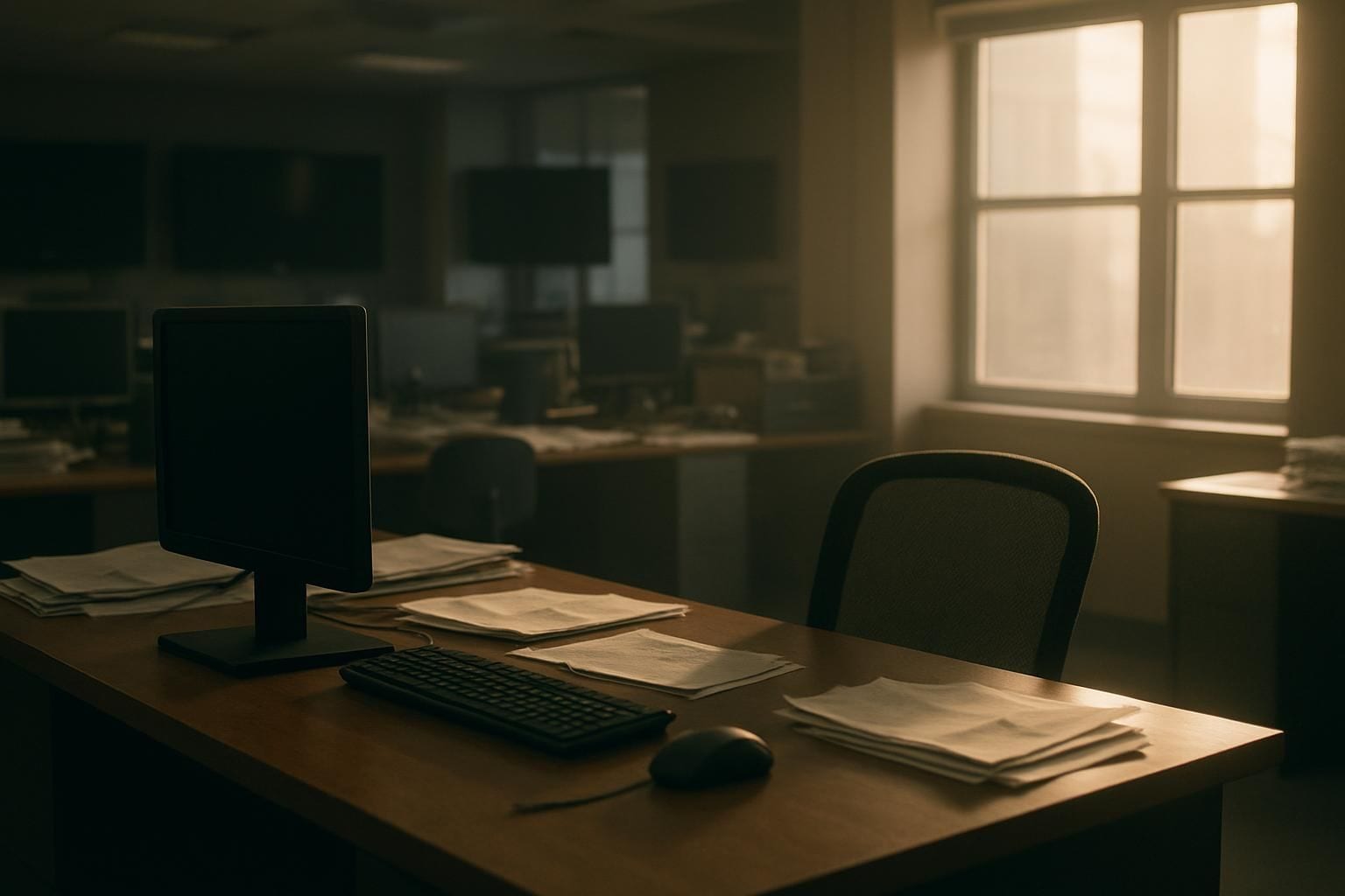 Een leeg bureau in een redactiekantoor, symbool voor het overlijden van een journalist